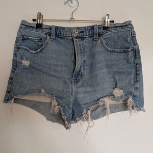 Abercrombie & Fitch The Mom Short High Rise. Light Blue Distressed Jean Shorts